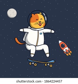 Funny Cat Astronaut Illustration Playing Skateboard