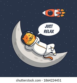 Funny Cat Astronaut Illustration Relax on The Moon