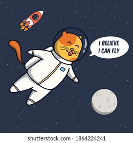 Funny Cat Astronaut Illustration With Space Background