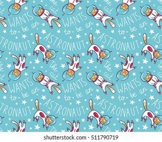 Funny cat astronaut in space, vector seamless pattern. Cat as a cosmonaut, space suit, funny seamless pattern, design for kids