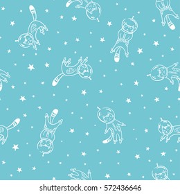 Funny cat astronaut in space, vector seamless pattern. Cat as a cosmonaut, space suit, funny seamless pattern, design for kids