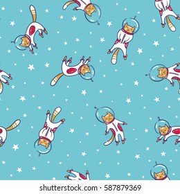 Funny cat astronaut in space, vector seamless pattern. Cat as a cosmonaut, space suit, funny seamless pattern, design for kids