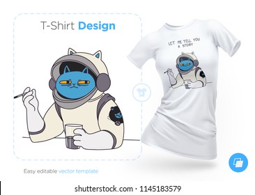 Funny cat astronaut t-shirt design. Print for clothes, posters or souvenirs. Vector illustration