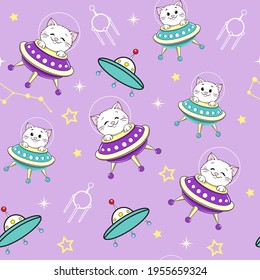 Funny cat astronauts and planet seamless pattern. Vector illustration design for t-shirt for children