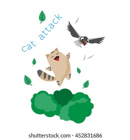 Funny cat attacks bird. Cute cartoon character. Vector illustration isolated on white background.