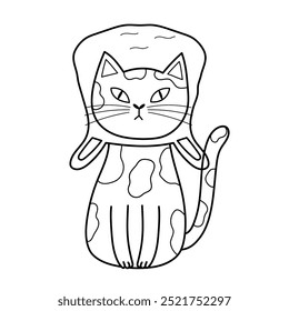 Gato engraçado com uma bolsa na cabeça em preto e branco. Elemento isolado de caractere felino bonito no contorno. Ótimo para colorir página, impressões e cartões. Ilustração vetorial