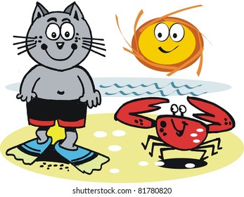 Funny cat at beach vector cartoon