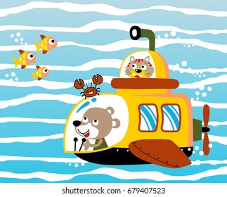 Funny cat and bear on submarine exploring undersea with marine animals, vector cartoon illustration