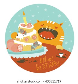 Funny cat and big cake with mouse