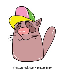 Funny cat with a big cap. Design of banners and postcards. Sticker. Isolated vector design for online communications, networks, social networks, web design, mobile messages.animals