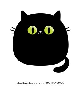 Funny cat. Big green eyes. Black silhouette. Cute cartoon character. Moustaches. Baby pet animal collection. Happy Halloween. Sticker tshirt print template. Flat design. White background. Vector