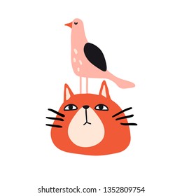 Funny cat and bird. Cute design for card, print, poster. Pet vector illustration. Cartoon doodle animals images. Cute kitten. Hand drawn character