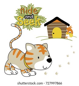 Funny cat and bird playing hide and seek, vector cartoon illustration