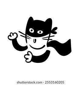 Gato divertido en una máscara de héroe negro y capa salva el mundo. Ilustración vectorial de una mascota de un dibujo animado. Personaje de dibujos animados aislado sobre fondo blanco.