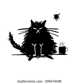 Funny cat black silhouette. Sketch for your design. Vector illustration