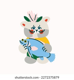 Funny cat with a blue fish. Cute vector illustration, postcard, print