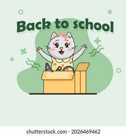 Funny cat with a bow in a cardboard box. Back to school. Satisfied kitten. Vector illustration cartoon style line art isolated