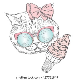 Funny cat in a bow with ice cream. Vector illustration for a card or poster. Prints on the clothes or accessories.