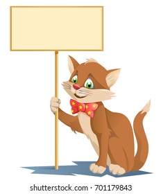 Funny cat in a bow tie  holding blank banner. Cartoon styled vector illustration. Isolated on white. No transparent objects.