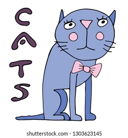 Funny cat with a bow. Vector hand drawing, doodles. Interesting character. Nice pussy. Picture in color.