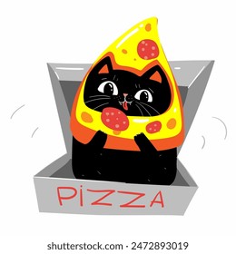 Funny cat in a box from under the pizza. Fat cat in cartoon style. Vector illustration.