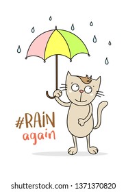 Funny cat boy with colorful umbrella stands under the rain. Vector cartoon illustration poster