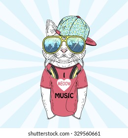 funny cat boy dressed up in t-shirt with headphones , hand drawn graphic, music poster, animal illustration