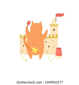 Funny cat building a sand castle on a beach. Suitable for prints, childish t-shirts, books, textile