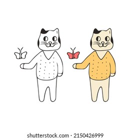 Funny cat and butterfly doodle icon. Cute pets vector art on white background.