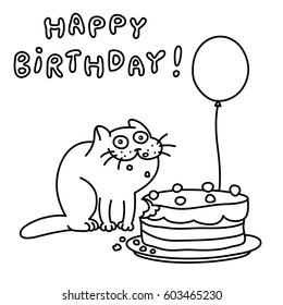 Funny cat with a cake and a balloon congratulates. Happy Birthday. Vector illustration