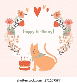 Funny cat with a cake and a frame of flowers. Bright children's card. Suitable for birthday invitation or congratulation.