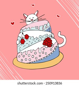 Funny cat with cake hand drawn vector illustration.