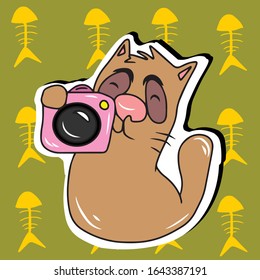 
Funny cat with a camera. Design of banners and postcards. Sticker. Isolated vector design for online communications, networks, social networks, web design, mobile messages.animals