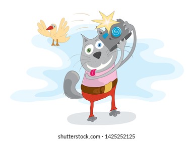 funny cat with a camera. smile now the bird will fly