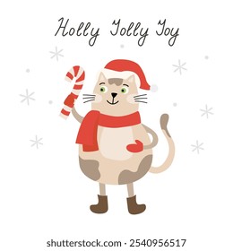 Funny cat with a candy cane wearing santa costume. Vector hand drawn flat style illustration. Holly jolly joy lettering. Xmas Card with greetings.