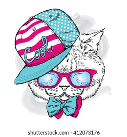 Funny cat in a cap and glasses.  Vector illustration.