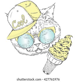 Funny cat in a cap and with ice cream. Vector illustration for a card or poster. Prints on the clothes or accessories.