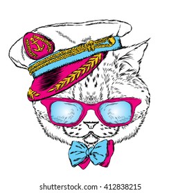 Funny cat in the captain's cap. Vector illustration.