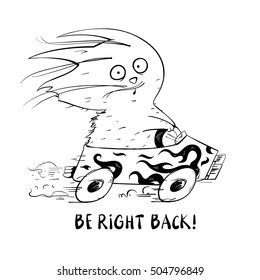 Funny cat in the car isolated on white background. Funny cat in the style of ink doodle hand-drawn. Vector illustration.