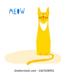 Funny cat  card template. Abstract cute childs craft cat illustration for design birthday card, bag print, pet shop advertising, veterinary clinic poster, kids room etc.