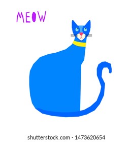 Funny cat  card template. Abstract cute childihs craft cat illustration for design birthday card, bag print, pet shop advertising, veterinary clinic poster, kids room etc.