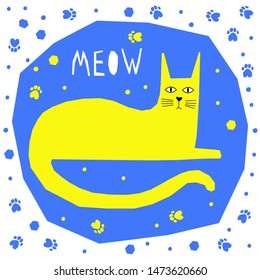 Funny cat  card template. Abstract cute childihs craft cat illustration for design birthday card, bag print, pet shop advertising, veterinary clinic poster, kids room etc.