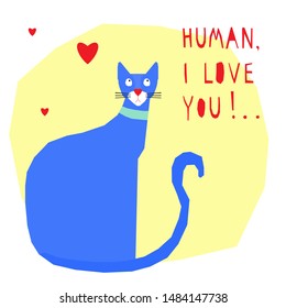 Funny cat  card template. Abstract cute child's craft cat illustration for design birthday card, bag print, pet shop advertising, veterinary clinic poster, kids room etc.