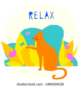 Funny cat  card template. Abstract cute childihs craft cat illustration for design birthday card, bag print, pet shop advertising, veterinary clinic poster, kids room etc.