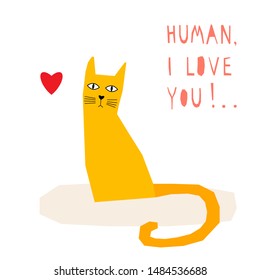 Funny cat  card template. Abstract cute childihs craft cat illustration for design birthday card, bag print, pet shop advertising, veterinary clinic poster, kids room etc.