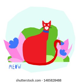 Funny cat  card template. Abstract cute childihs craft cat illustration for design birthday card, bag print, pet shop advertising, veterinary clinic poster, kids room etc.
