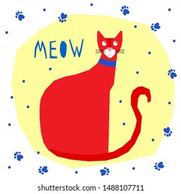 Funny cat  card template. Abstract cute childihs craft cat illustration for design birthday card, bag print, pet shop advertising, veterinary clinic poster, kids room etc.