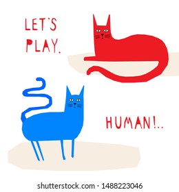 Funny cat  card template. Abstract cute child's craft cat illustration for design birthday card, bag print, pet shop advertising, veterinary clinic poster, kids room etc.