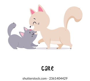 Funny Cat Care of Baby as English Verb for Educational Activity Vector Illustration