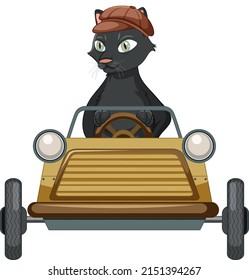 Funny cat cartoon character drive car on white background illustration
